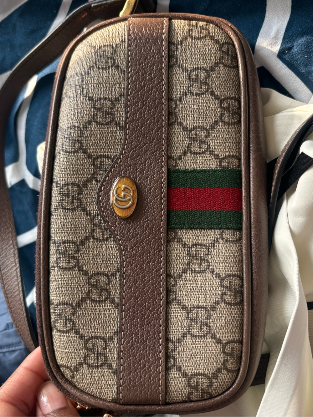 Gucci Brown Signature Canvas Small Crossbody Bag with Red/Green Stripe